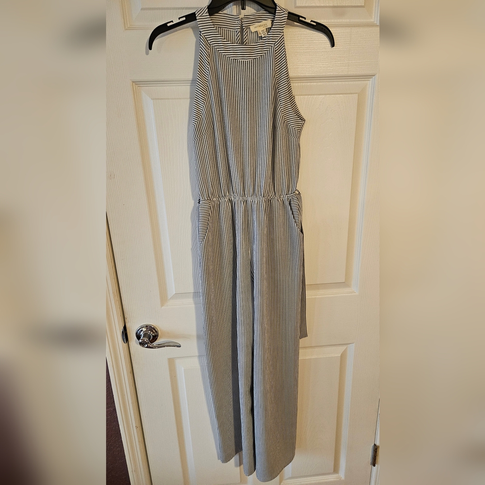 Monteau Los Angeles Blue Striped Blend Casual Jumpsuit Sz XS Belt  Pockets